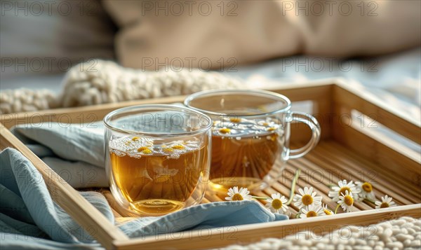 Chamomile tea set on a wooden tray AI generated