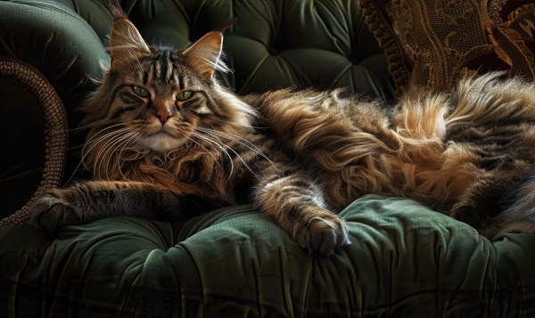 Majestic Maine Coon cat lounging on a plush velvet cushion AI generated