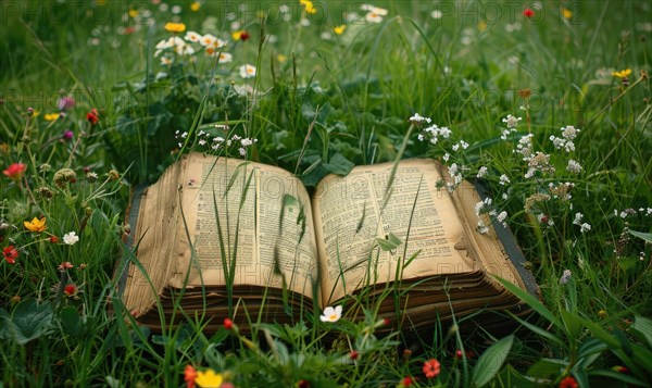 Old book lying on a grassy knoll surrounded by wildflowers AI generated