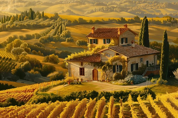 A serene landscape featuring a stone house amidst golden vineyards, bathed in the warm light of the setting sun, AI generated