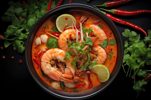 Spicy Seafood Soup Tom Yum with Fresh Herbs and Ingredients top view, AI generated