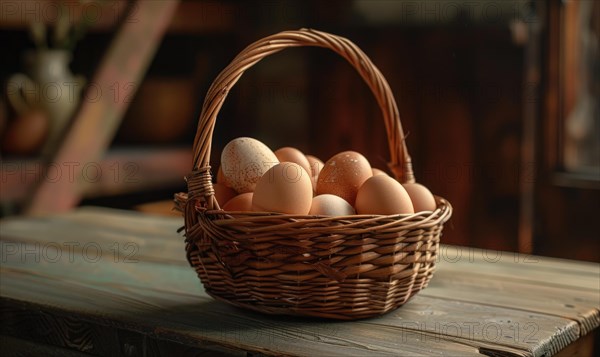 Eggs arranged in a wicker basket AI generated