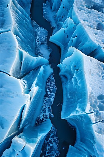 Glaciers crevasse from an aerial top down view with deep blue hues echoing the glaciers dynamic, AI generated