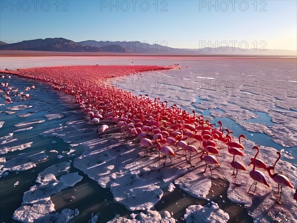 Sizable flock of flamingos soaring across the salt flats of the atacama desert, AI generated