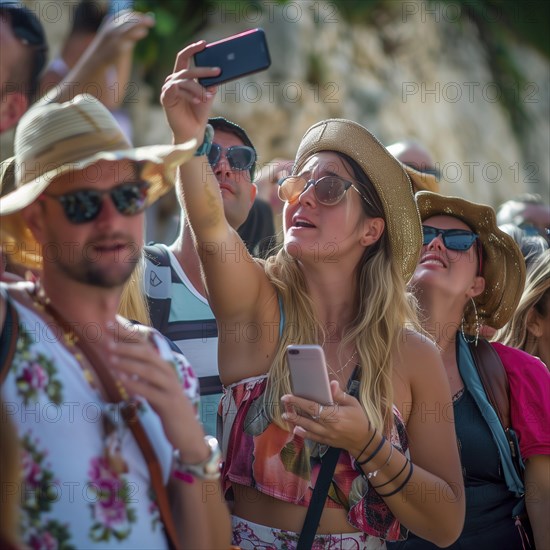 Many tourists stand close together and take selfies with their cell phones, photo quality Job ID: 6785f664-5665-43a8-8435-bf2529de3efe, KI generiert, AI generated