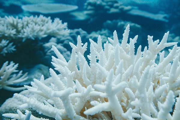 White bleached coral reef caused by change in ocean temperature. KI generiert, generiert, AI generated