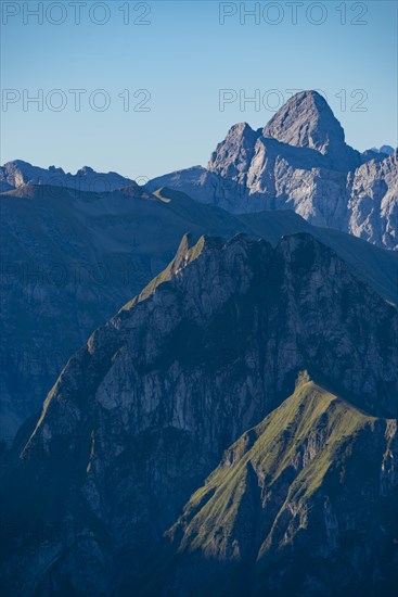Mountain panorama from Nebelhorn, 2224m, to Hoefats, 2259m, behind Grosser Krottenkopf, 2656m, Allgaeu Alps, Allgaeu, Bavaria, Germany, Europe