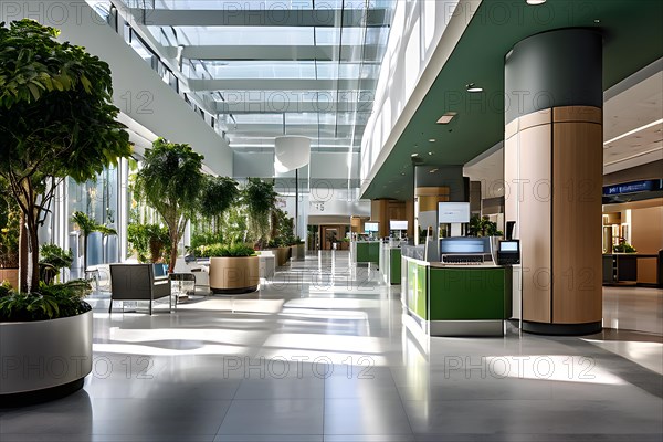 Spacious hospital lobby featuring touch free registration kiosks, AI generated, modern, architecture