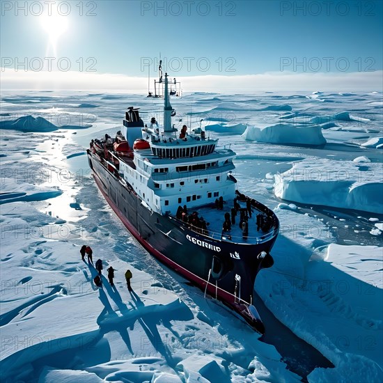 Aerial view of churned ice and open water trailing an icebreaker through pristine icy wilderness, AI generated