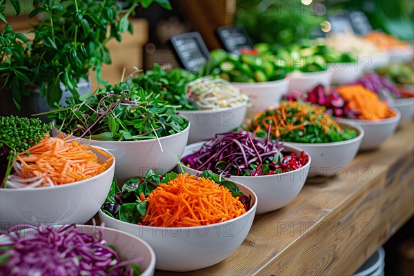 A salad bar offering a variety of fresh, colorful vegetables in multiple bowls, AI generated