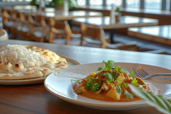 Spicy curry served with rice and naan bread in a restaurant setting, AI generated