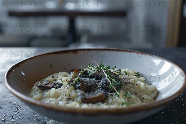 Gourmet risotto with truffles and parmesan in a ceramic bowl, served in an elegant dark setting, AI generated