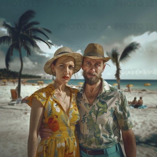 A couple in summer clothes and straw hats stand on the beach with a serious look on their faces, KI generated, AI generated