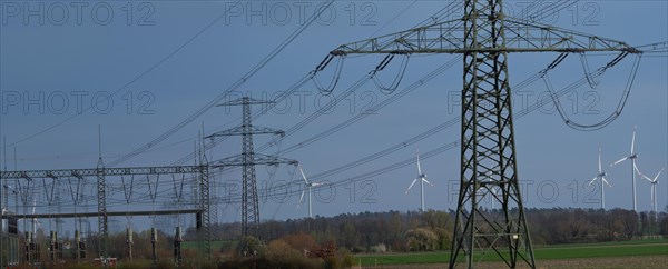 Stendal West substation with wind turbines in the background near Luederitz, Stendal, Saxony-Anhalt, Germany, Europe