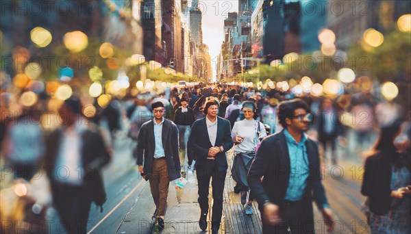 Busy city street scene at dusk with blurred motion of walking people, rush hour commuting time, sunset, blurry cityscape, bokeh effect, AI generated