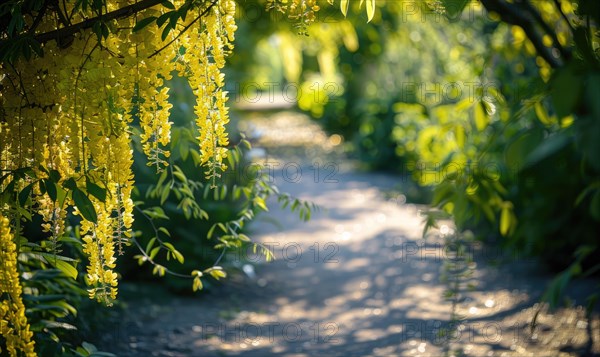 Laburnum flowers casting dappled shadows on a garden path AI generated