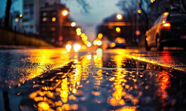 A city street illuminated by the soft glow of streetlights during a rainy evening AI generated