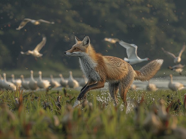 A fox runs through the water at dawn with birds in the background, AI generated, AI generated, AI generated