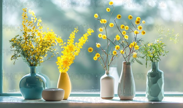 A group of vases with wildflowers displayed on a windowsill AI generated