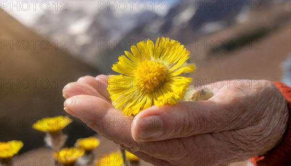 A hand holds a coltsfoot flower in front of a blurred mountain landscape in the light of the golden hour, medicinal plant coltsfoot, Tussilago farfara, AI generated, AI generated