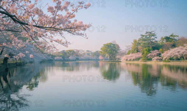 A spring lake surrounded by blooming cherry blossoms AI generated