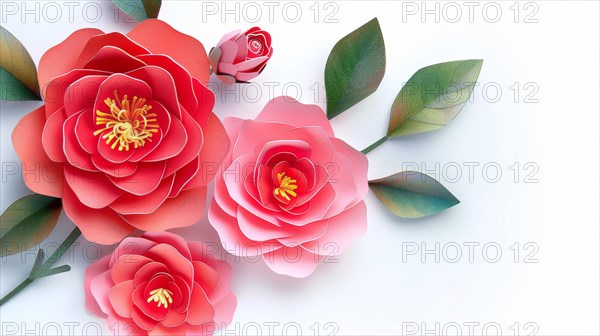 Minimalistic and elegant paper flowers in shades of red and pink on a white background, ai generated, AI generated