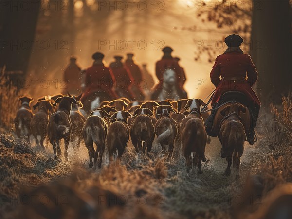 Traditional fox hunting with traditional clothing in England on horseback with dogs over hill and dale, AI generated