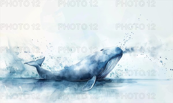 A watercolor illustration of a playful whale spraying water from its blowhole AI generated