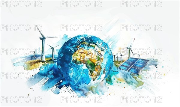 Watercolor illustration of Earth with wind turbines and solar panels, eco energy background AI generated