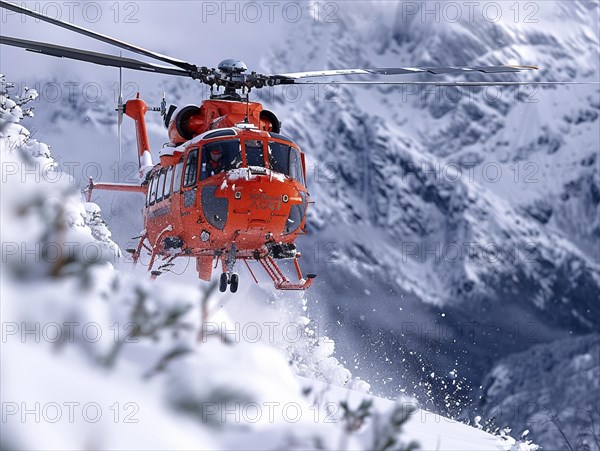 Ein roter Hubschrauber auf einer Rettungsmission in den Bergen bei winterlichen Bedingungen, Rettungshubschrauber im Einsatz, AI generiert, AI generated