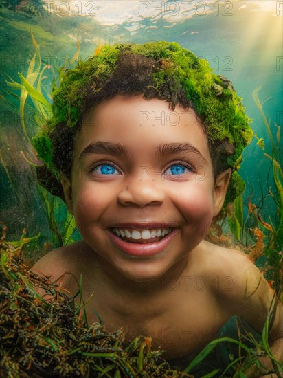 Joyful child submerged underwater with a moss hat growing and thriving, creating a mystical and enchanting effect, amid marine plants, earth day concept, AI generated