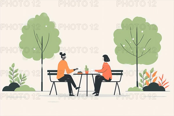Peaceful park scene with a minimalist design featuring a couple on a bench having a relaxing conversation, illustration, AI generated