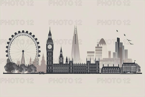 Silhouette illustration of iconic London landmarks in a minimalist cityscape, illustration, AI generated