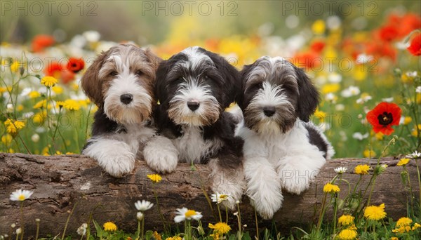 KI generated, animal, animals, mammal, mammals, one, single animal, bobtail, (Canis lupus familiaris), dog, dogs, bitch, dog breed from England, three young animals lying on a log in a meadow