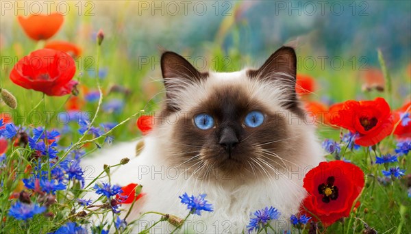 KI generated, animal, animals, mammal, mammals, cat, felidae (Felis catus), a cat lies in a meadow with cornflowers and poppies