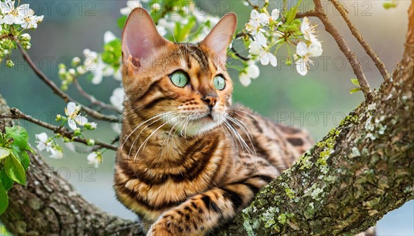 AI generated, animal, animals, mammal, mammals, cat, felidae (Felis catus), a cat resting on a branch in a tree, spring, tree blossom