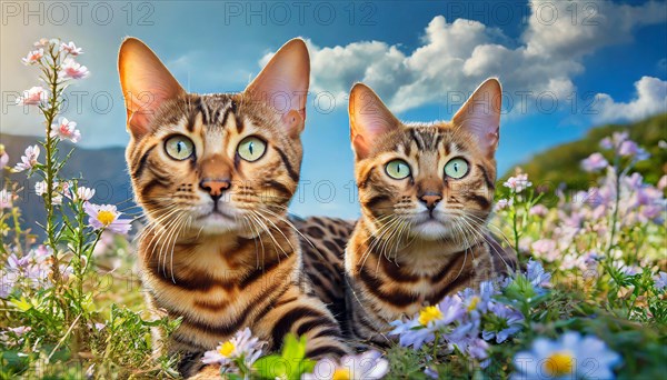 KI generated, animal, animals, mammal, mammals, cat, felidae (Felis catus), two kittens sitting in a flower meadow, kittens, animal children