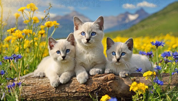 KI generated, animal, animals, mammal, mammals, cat, felidae (Felis catus), three cats resting on a tree, flower meadow