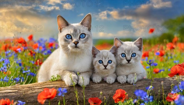 KI generated, animal, animals, mammal, mammals, cat, felidae (Felis catus), a cat and two kittens resting on a tree trunk, flower meadow, spring, summer