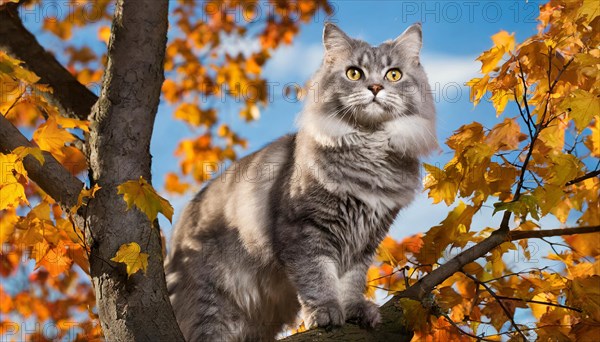 AI generated, animal, animals, mammal, mammals, cat, felidae (Felis catus), American Forest Cat, resting in a tree, autumn, autumn leaves