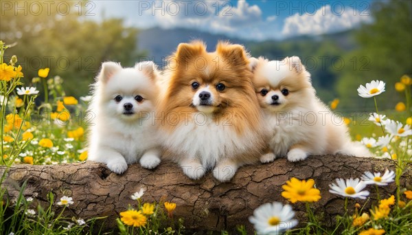 KI generated, animal, animals, mammal, mammals, dwarf spitz, Spitz, (Canis lupus familiaris), dog, dogs, bitch, Pomeranians, three puppies lying on a tree trunk, flower meadow