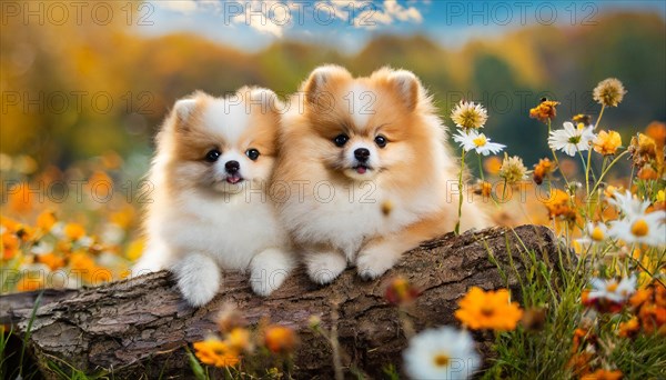 KI generated, animal, animals, mammal, mammals, one, single animal, dwarf spitz, Spitz, (Canis lupus familiaris), dog, dogs, bitch, Pomeranians, two cream-coloured puppies lying on a tree trunk, autumn, autumn leaves