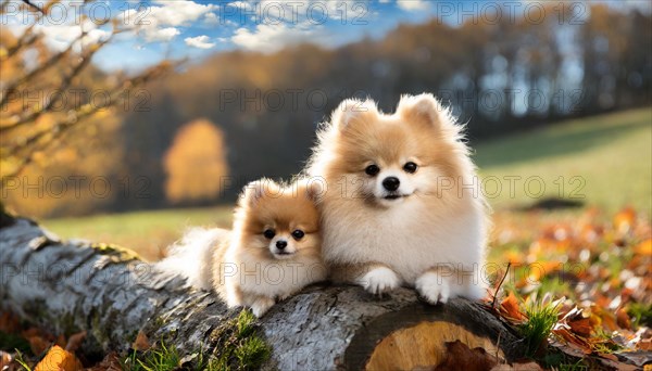 KI generated, animal, animals, mammal, mammals, one, single animal, dwarf spitz, Spitz, (Canis lupus familiaris), dog, dogs, bitch, Pomeranians, two young animals lying on a tree trunk, autumn