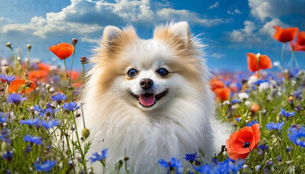 KI generated, animal, animals, mammal, mammals, one, single animal, dwarf spitz, Spitz, (Canis lupus familiaris), dog, dogs, bitch, Pomeranians, flower meadow with poppies and cornflowers