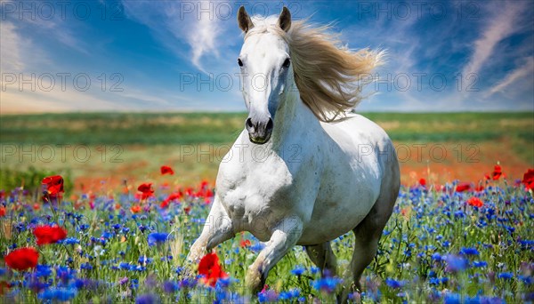 KI generated, A horse, horses, Arabian, in front of a blue sky, thoroughbred Arabian, AV, Arabian thoroughbred, (Eqqus ferus caballus), running in a meadow with colourful flowers