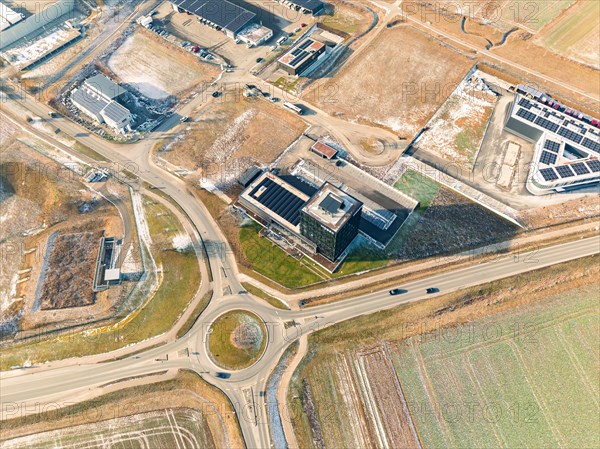 Drone image of an office complex in the middle of an industrial area, sunrise, Nagold, Black Forest, Germany, Europe