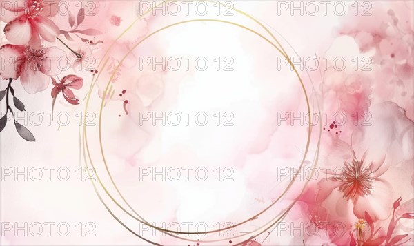 Thin golden frame on watercolor background, space for text AI generated