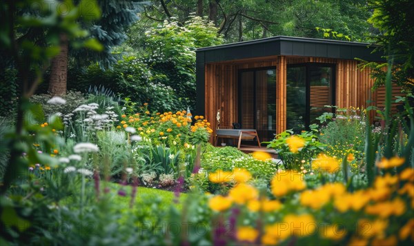 A minimalist modern wooden cabin surrounded by a variety of spring flowers and lush green foliage in a tranquil garden setting AI generated