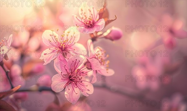 Blooming cherry blossom tree, closeup view, selective focus, bokeh AI generated
