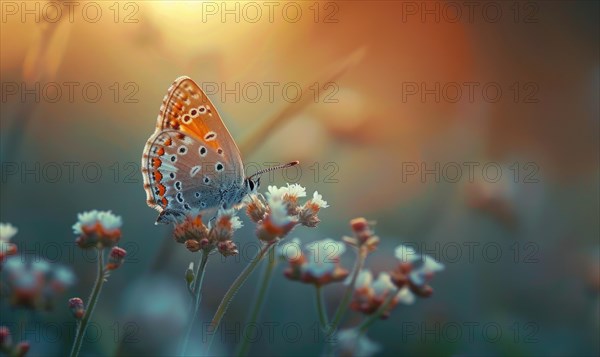 Butterfly amidst wildflowers, closeup view, selective focus, spring nature AI generated